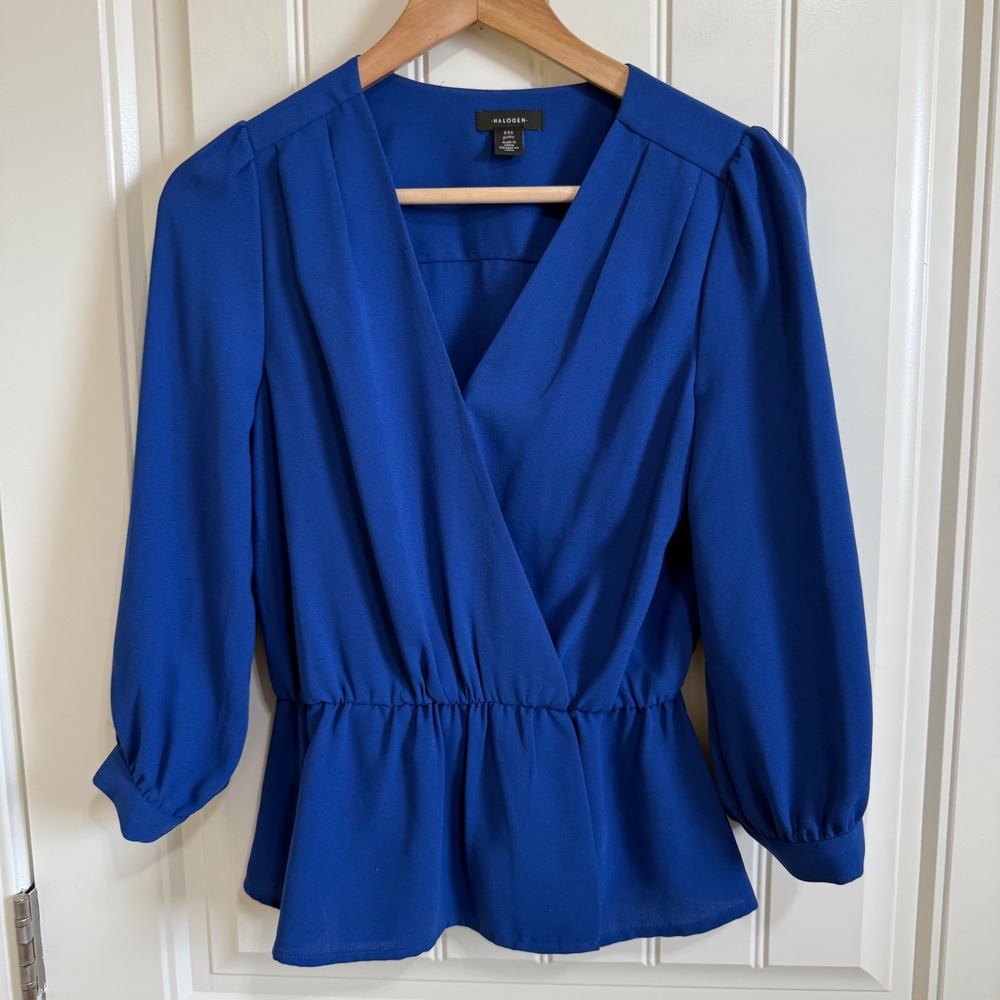 Halogen Women's XXS Petite Blue 3/4 Sleeve V-Neck Peplum Top Blouse - Picture 2 of 8